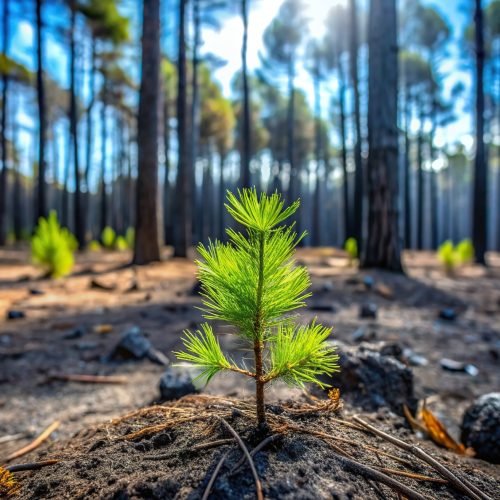 A vibrant green plant emerging amidst the charred remains of a pine forest, green, burned, pine forest, emergence, charred remains, growing