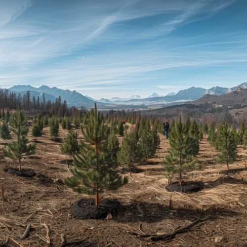 Volunteers working together in a wide panoramic shot of newly planted trees symbolize hope for forest preservation.